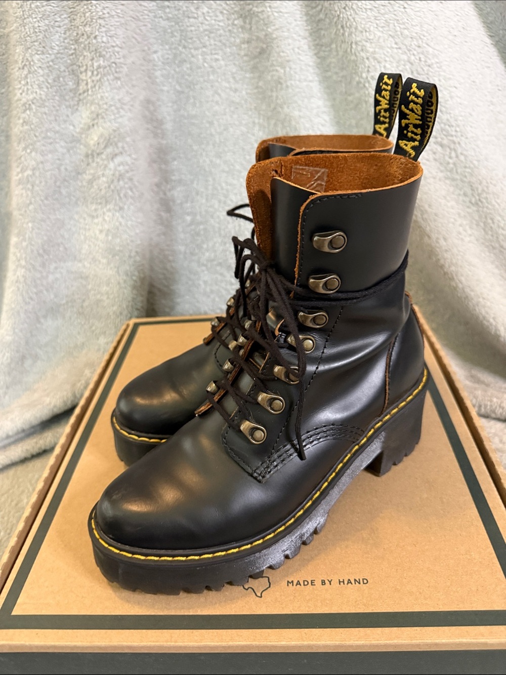 Dr. Martens Black Leather Leona Lace-Up Boots with Yellow Stitching - Picture 2 of 3